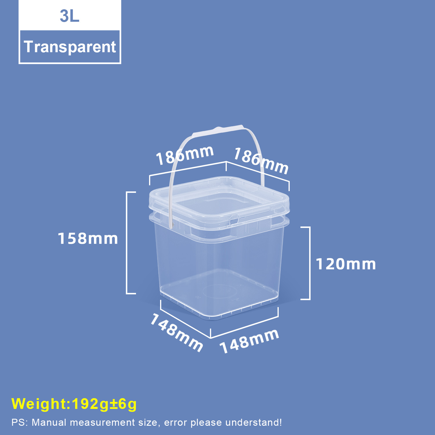 3L Transparent Square Plastic Bucket with Lid and Handle