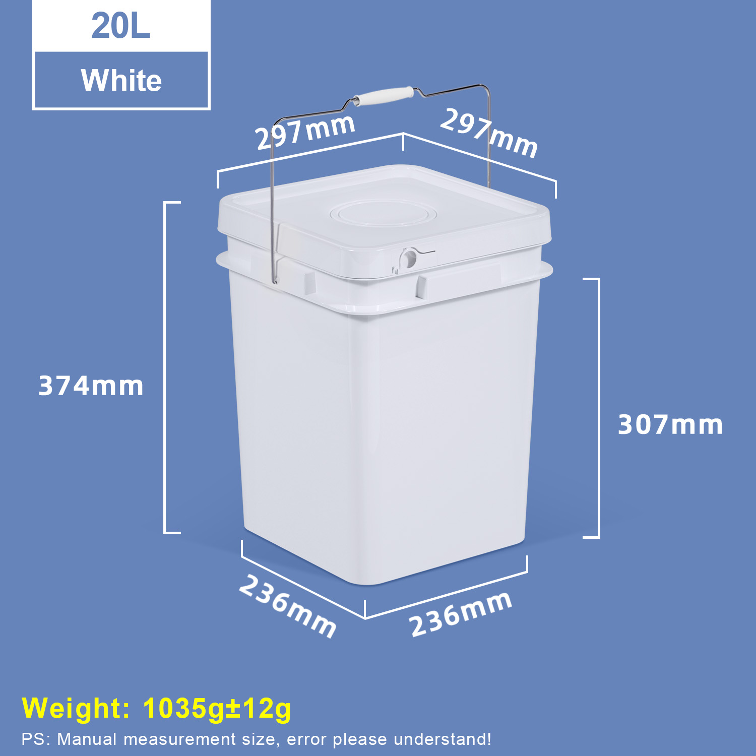 20L White Square Plastic Bucket with Metal Handle