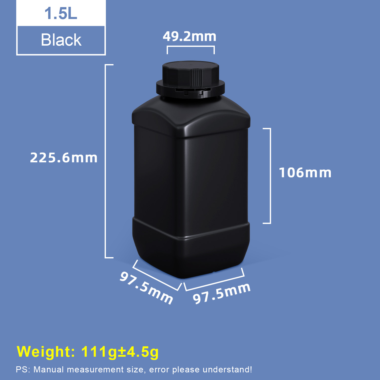 1500ml Black Wide Neck Square Plastic Bottles with Black Cap