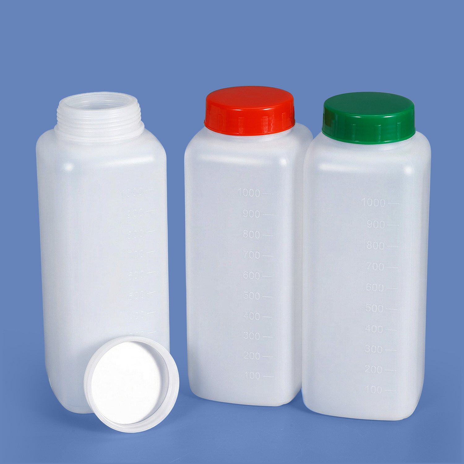 1L HDPE Wide Mouth Square Plastic Bottle 60mm Neck with Graduation for Powder and Thick Liquid Packaging