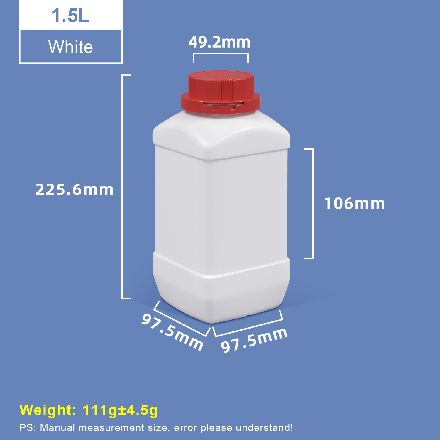 1500ml White Wide Neck Square Plastic Bottles with Red Cap