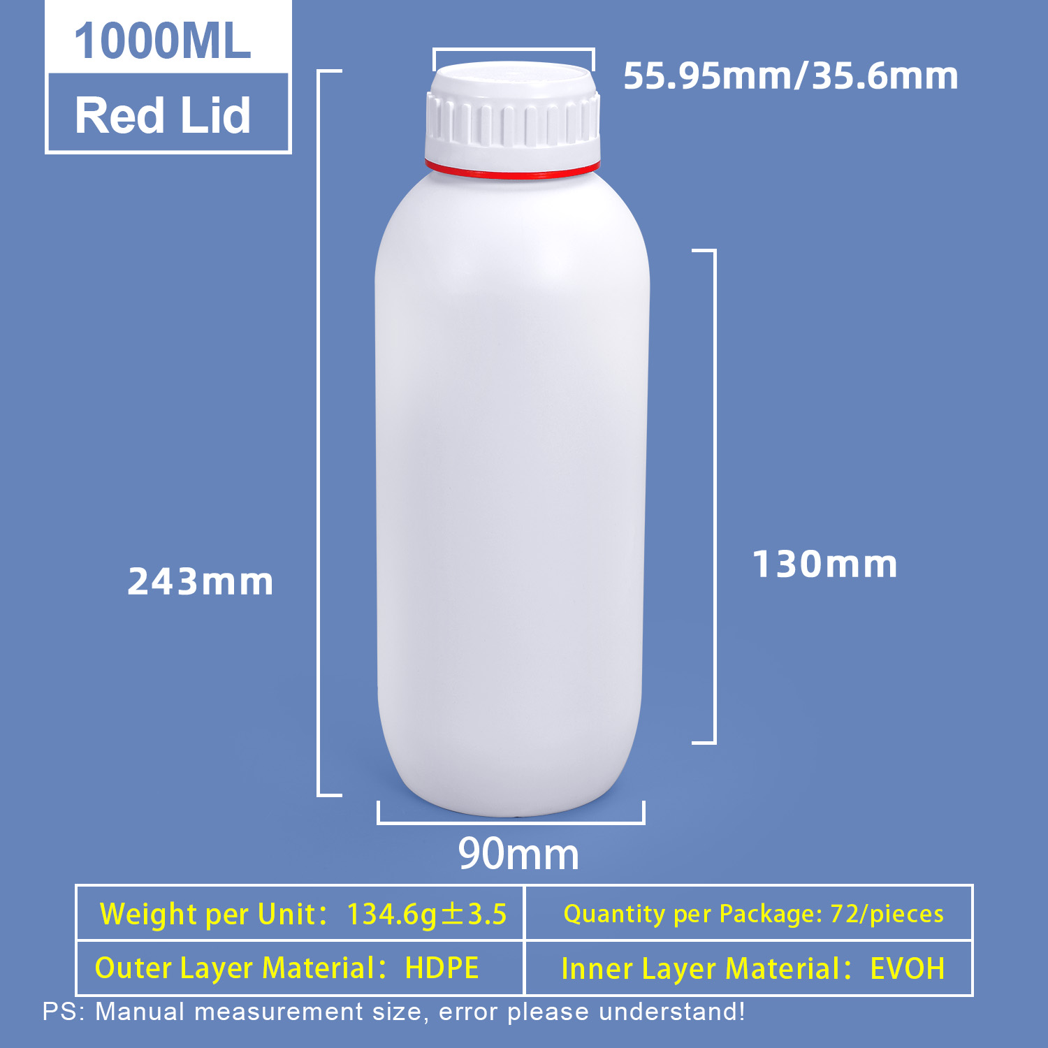 1L White Plastic Coex Bottle with Red Colored Ring Around Cap