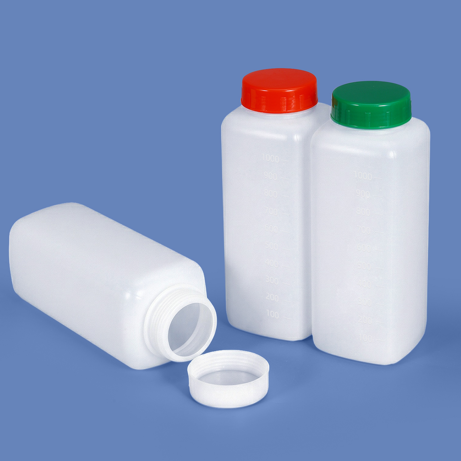 1L HDPE Wide Mouth Square Plastic Bottle 60mm Neck with Graduation for Powder and Thick Liquid Packaging