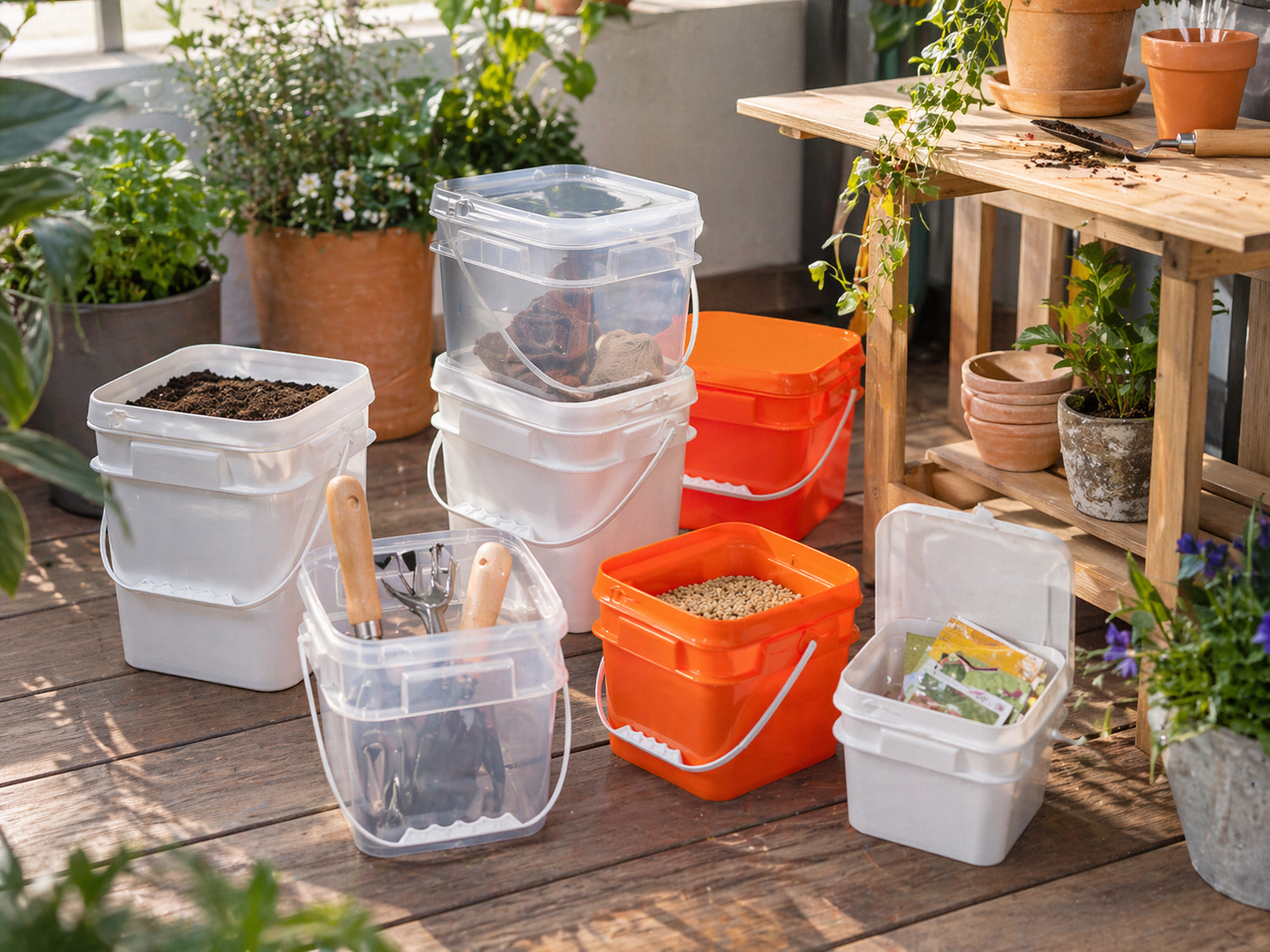 Balcony Gardening Storage with Square Plastic Pails.png