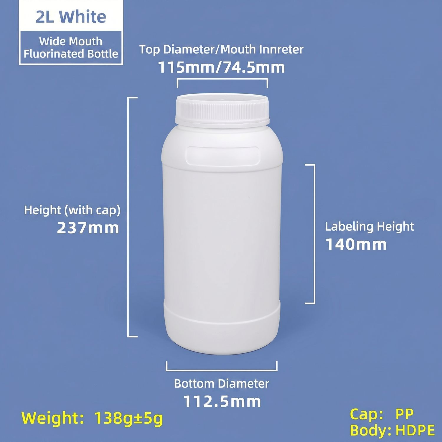 Wholesale 2L Fluorinated HDPE Bottle Leakproof Wide Mouth Container for Viscous Liquids and Organic Solvents