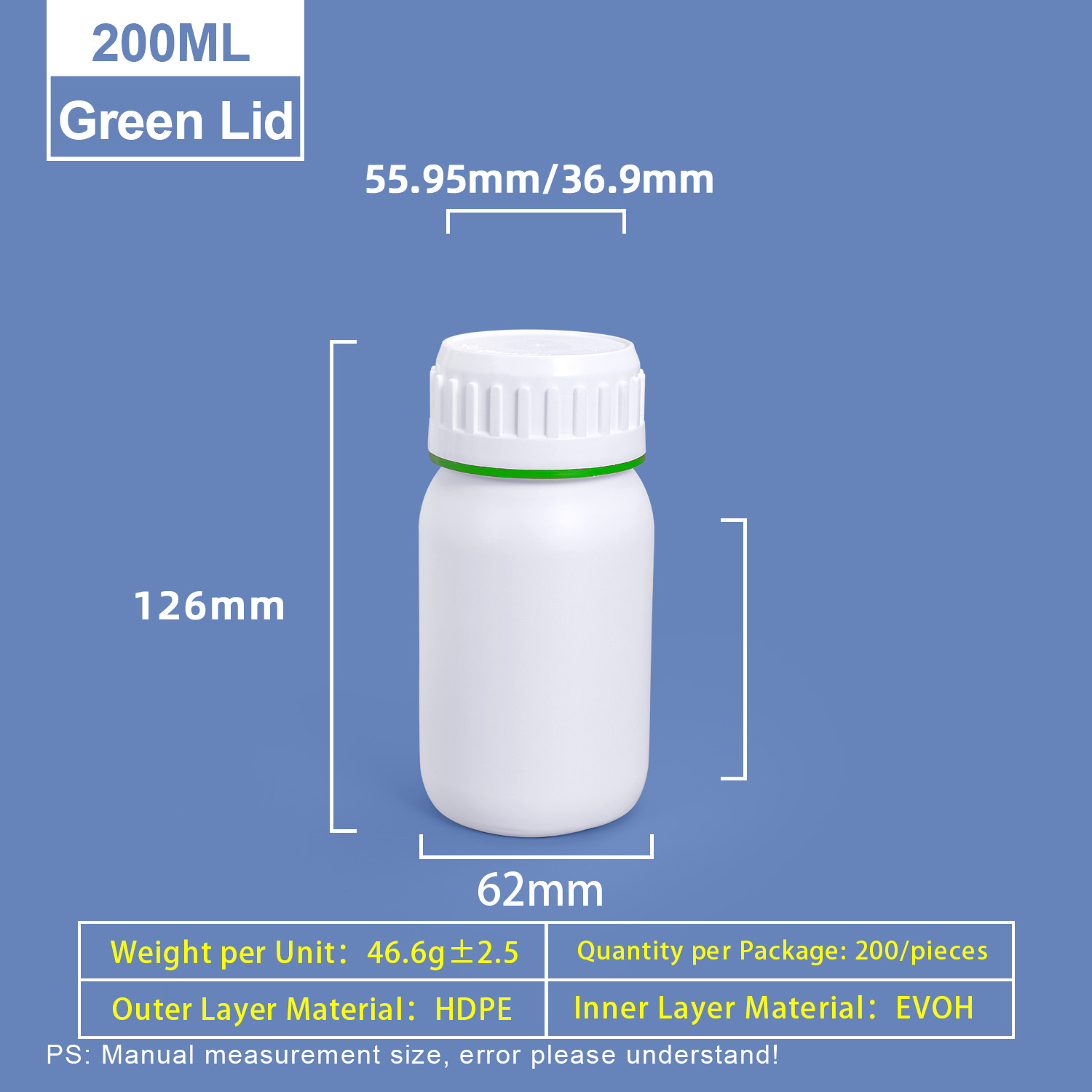 200ml White Plastic Coex Bottle with Green Colored Ring Around Cap