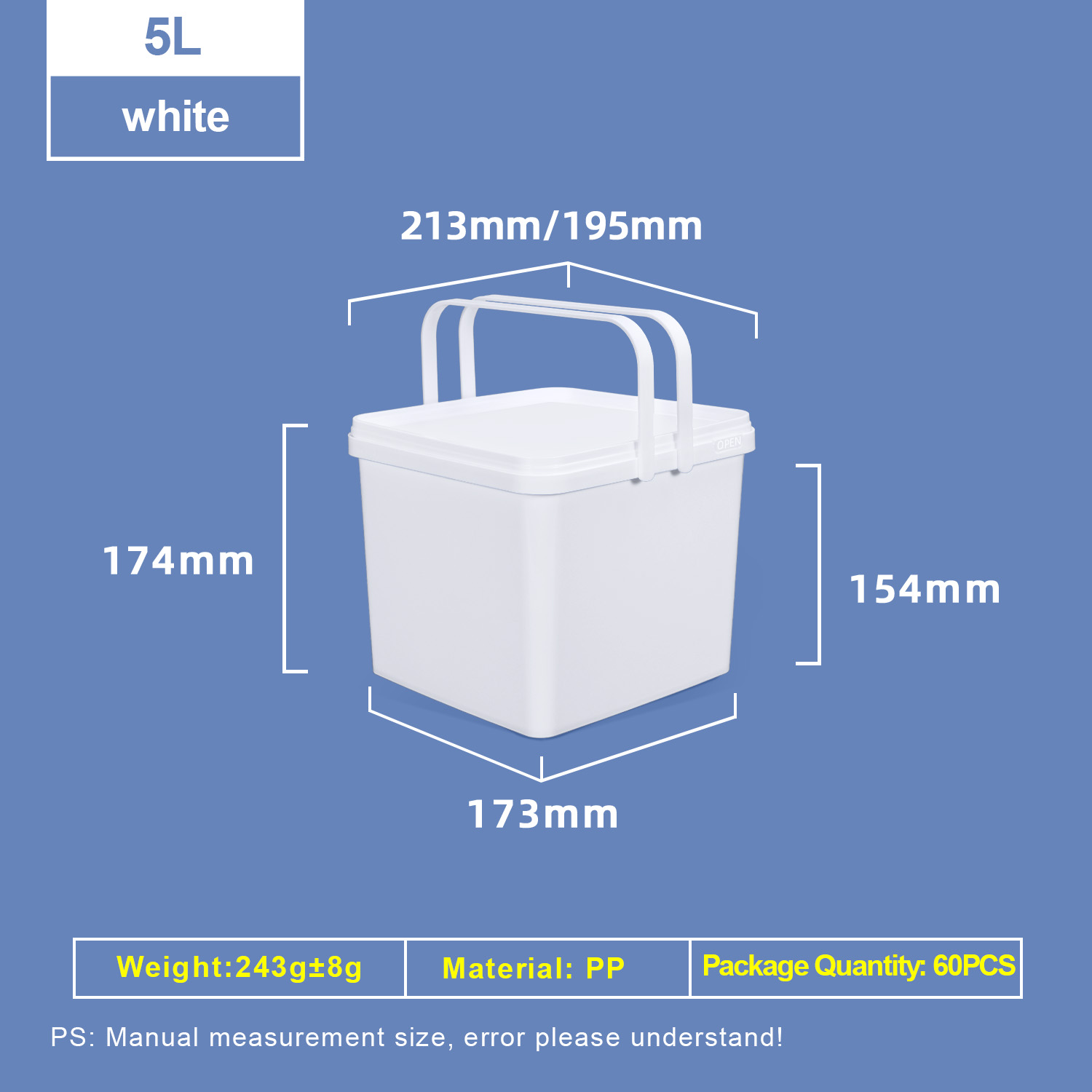 5L PP Square Plastic Bucket with Dual Handles and Lid
