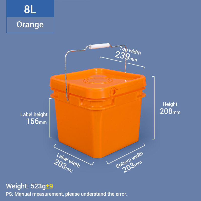 8L Orange Square Plastic Bucket with Metal Handle