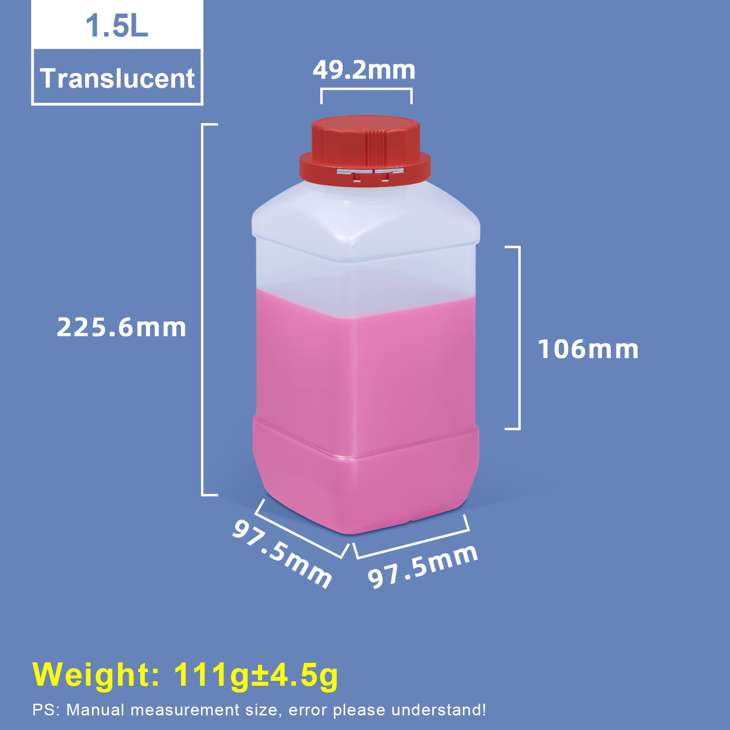 1500ml Translucent Wide Neck Square Plastic Bottles with Red Cap