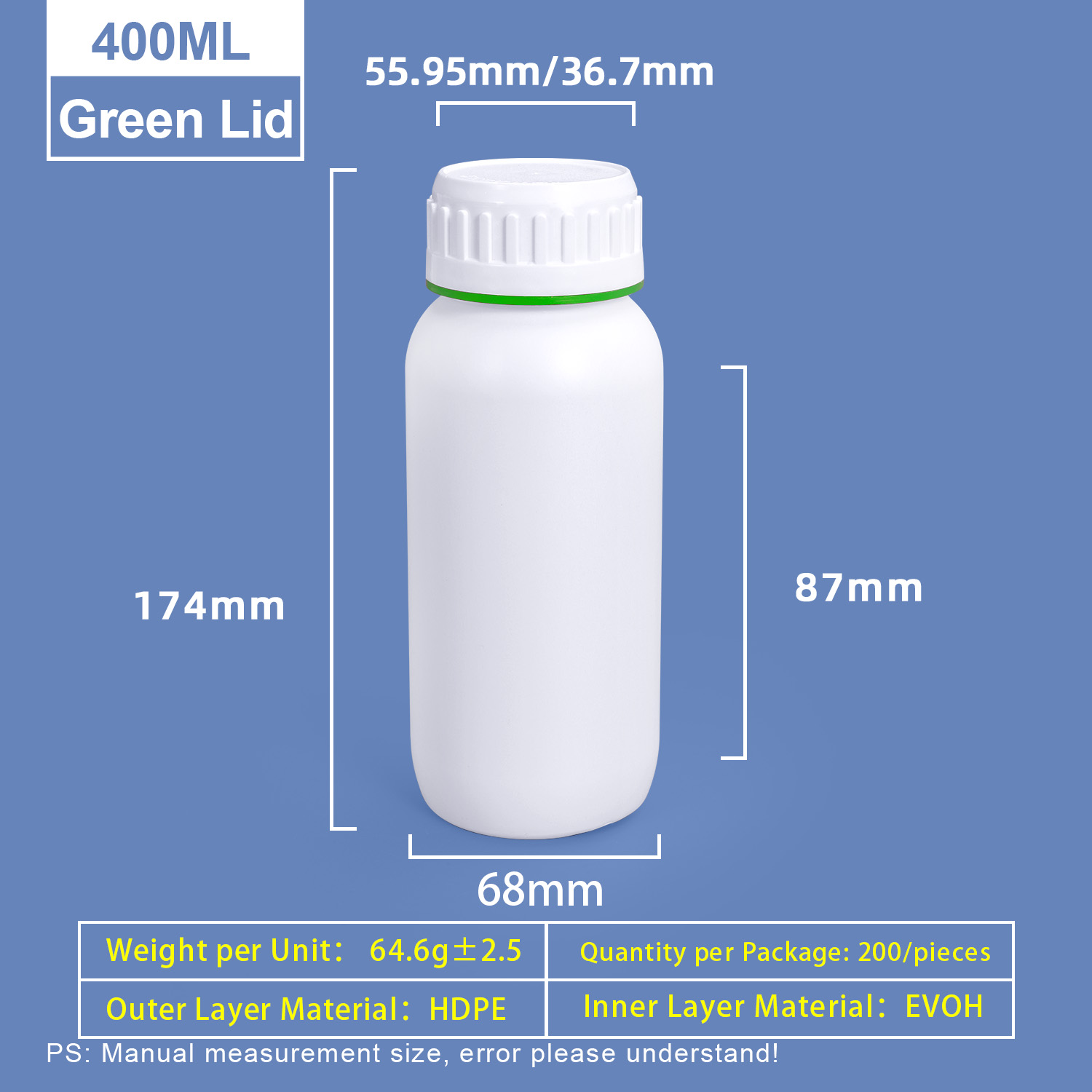 400ml White Plastic Coex Bottle with Green Colored Ring Around Cap