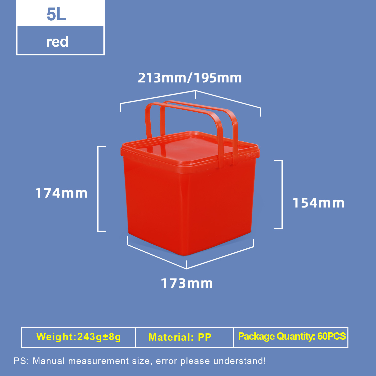 5L PP Square Plastic Bucket with Dual Handles and Lid