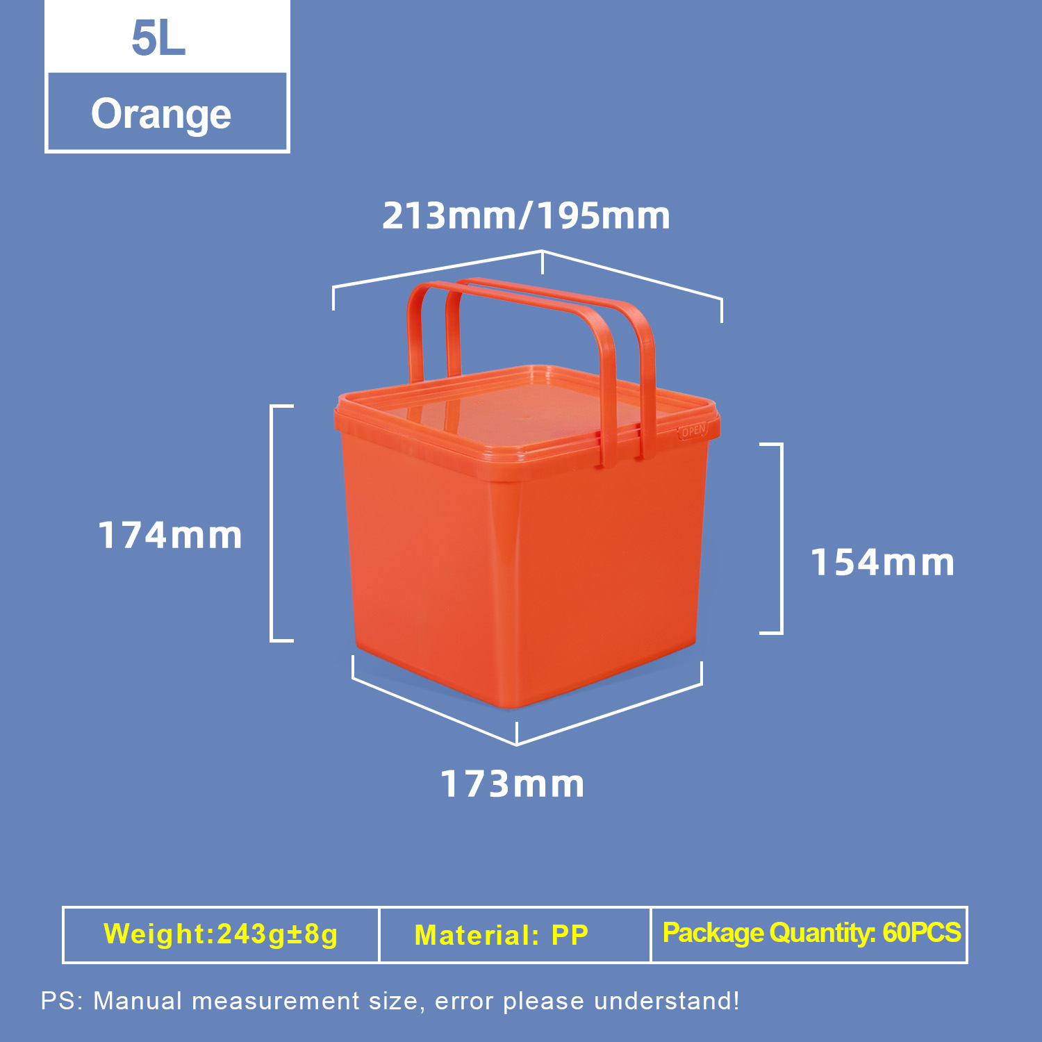 5L PP Square Plastic Bucket with Dual Handles and Lid