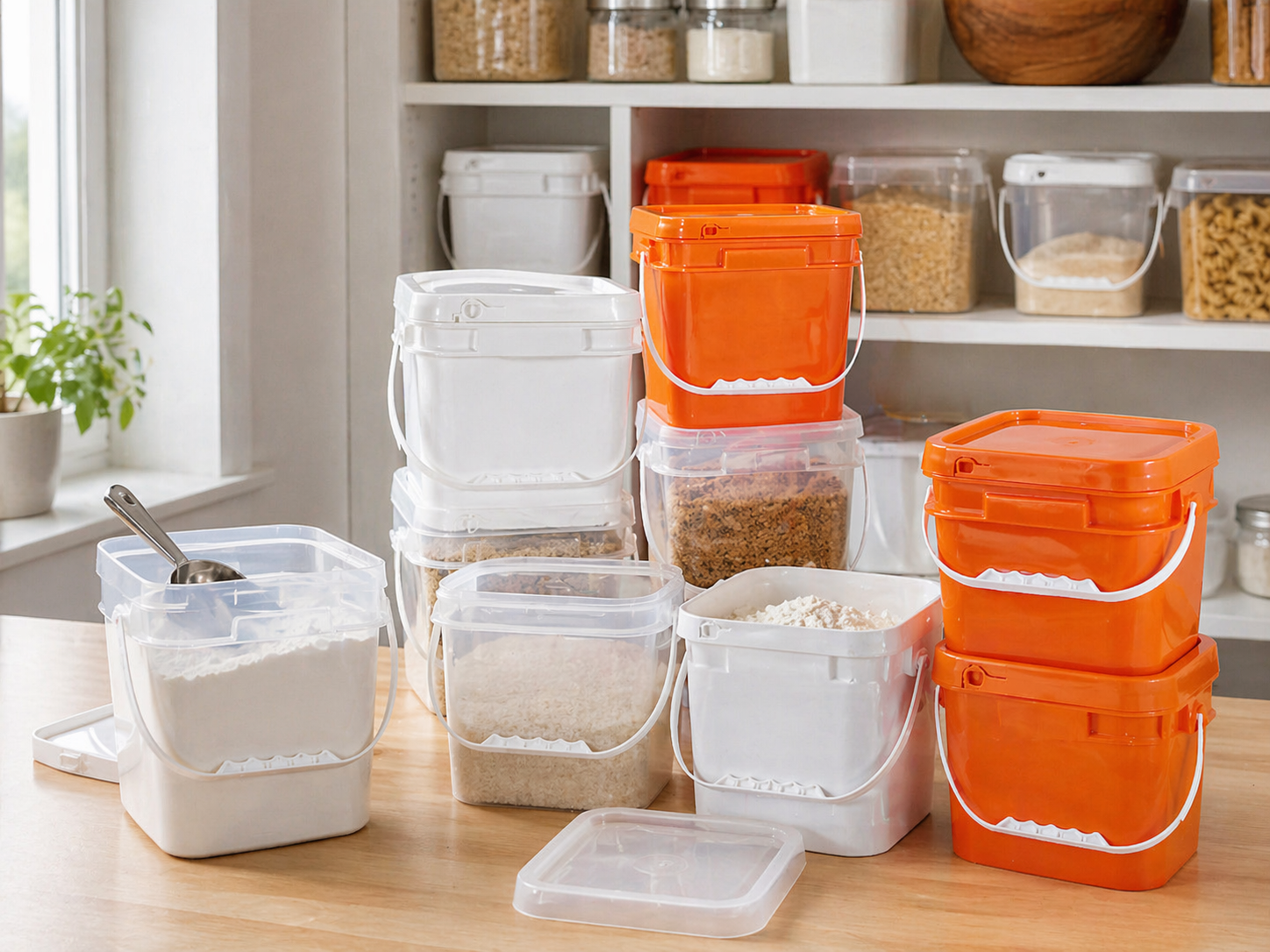 Kitchen Pantry Food Storage with Square Plastic Pails.png