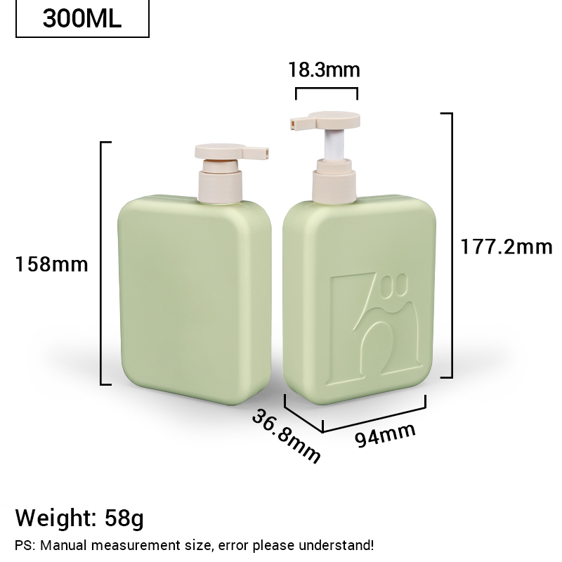 300ml Empty Green Plastic Square Shampoo and Conditioner Bottle