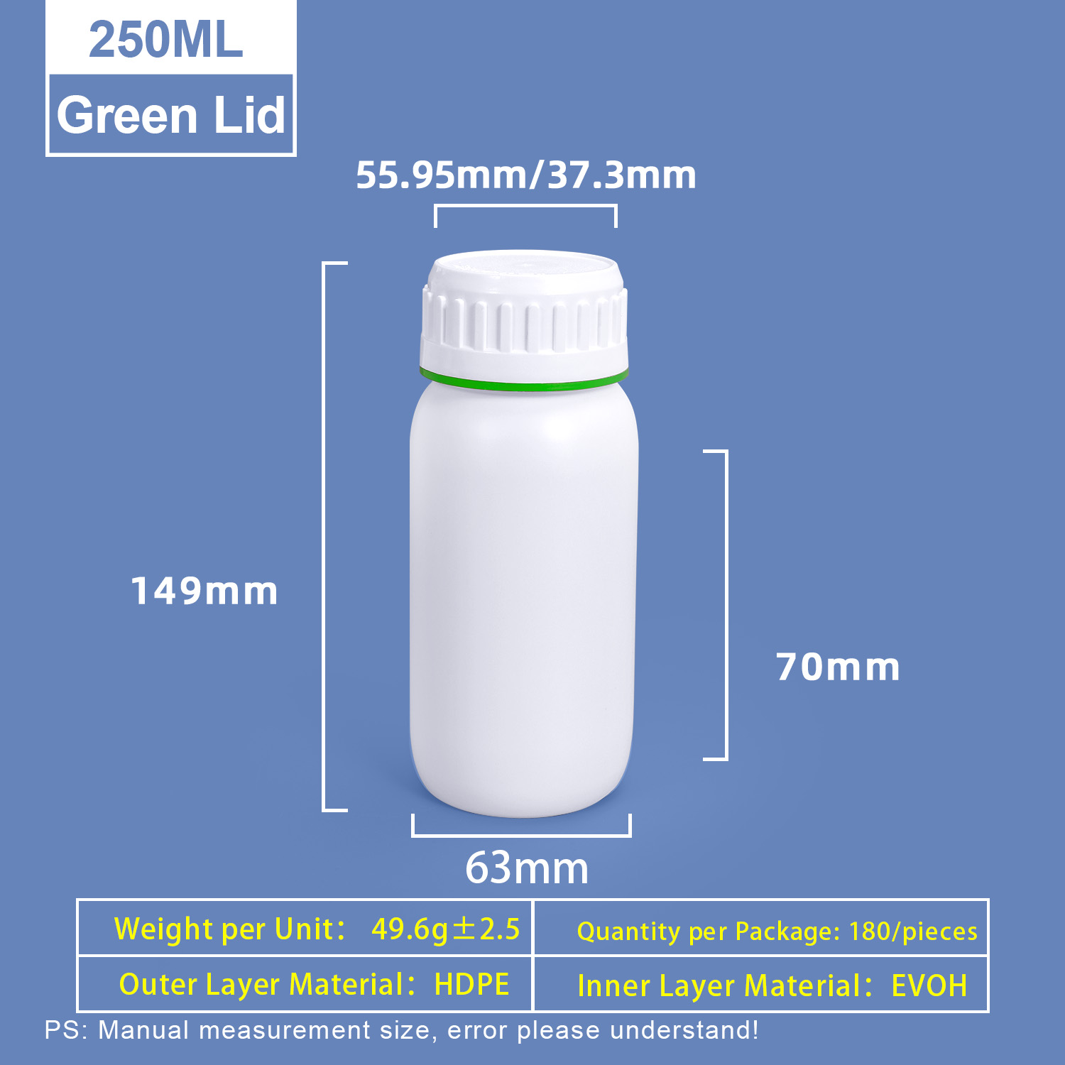 250ml White Plastic Coex Bottle with Green Colored Ring Around Cap