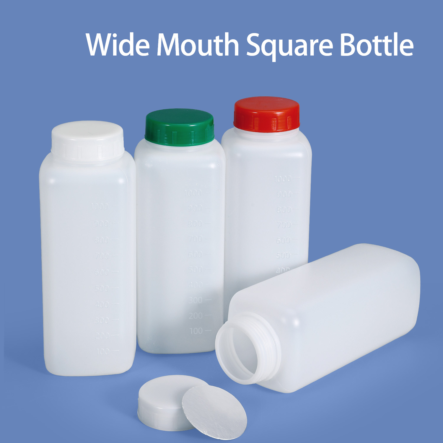 1L HDPE Wide Mouth Square Plastic Bottle 60mm Neck with Graduation for Powder and Thick Liquid Packaging