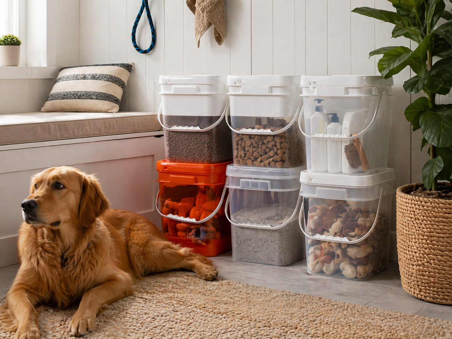 Pet Supplies Storage with Square Plastic Pails.png