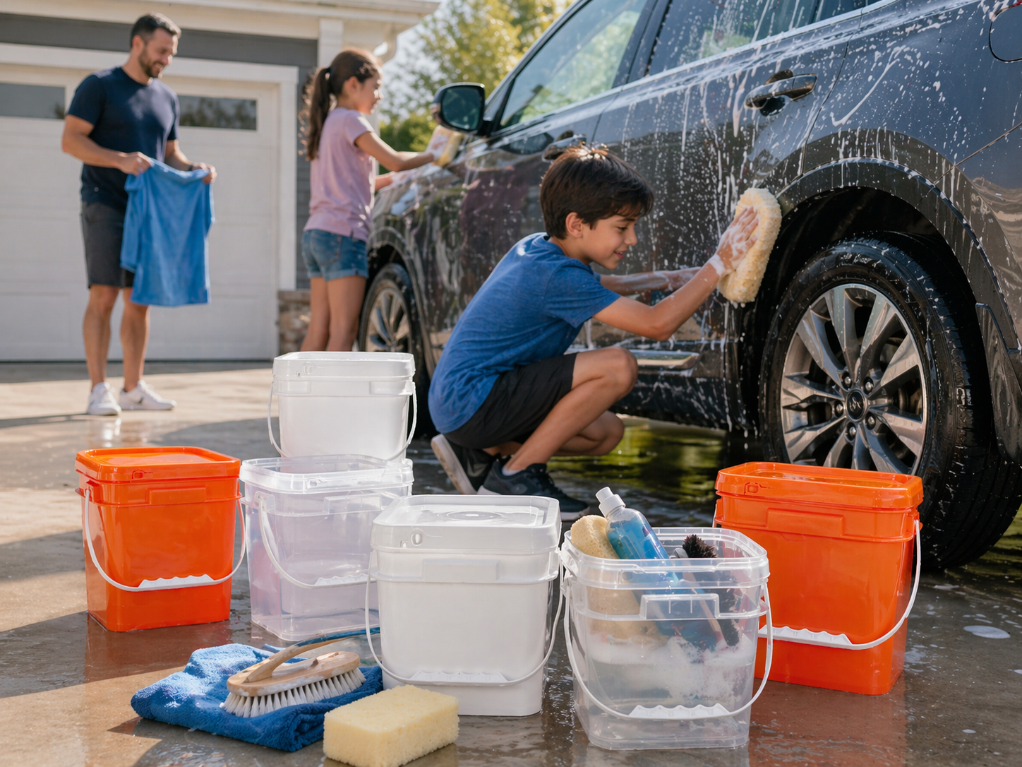 Family Car Washing with Square Plastic Pails.png