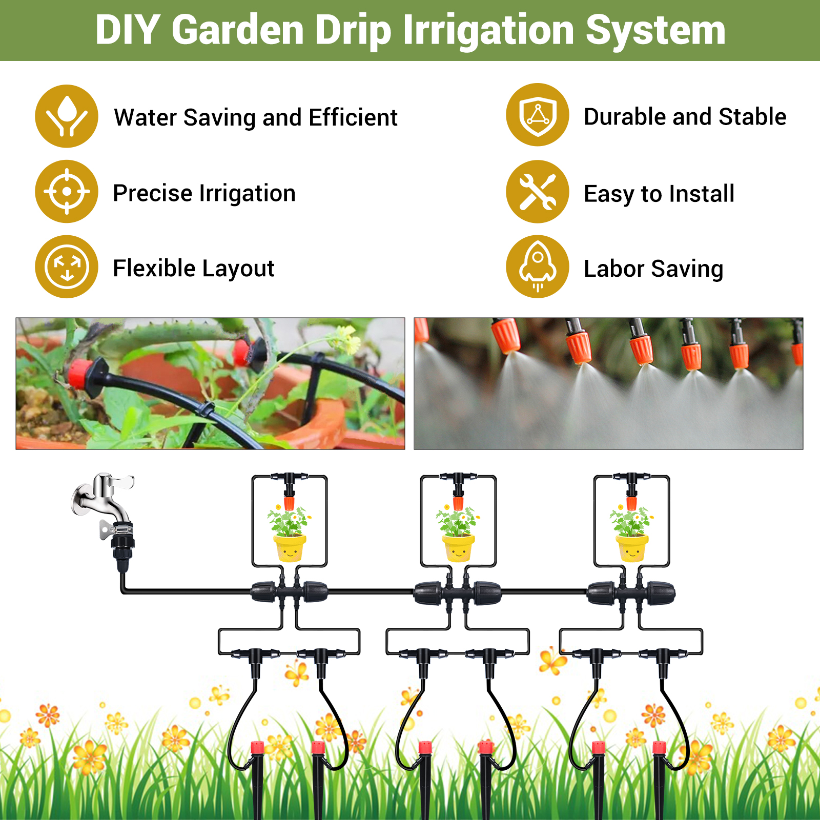 Drip Irrigation System for Garden, Plant Watering System Greenhouse Sprinkler Accessories, 226FT Drip Irrigation Kit with 1/4 1/2 inch Tubing for Outdoor Plants, Raised Garden Bed, Yard Potted, Lawn