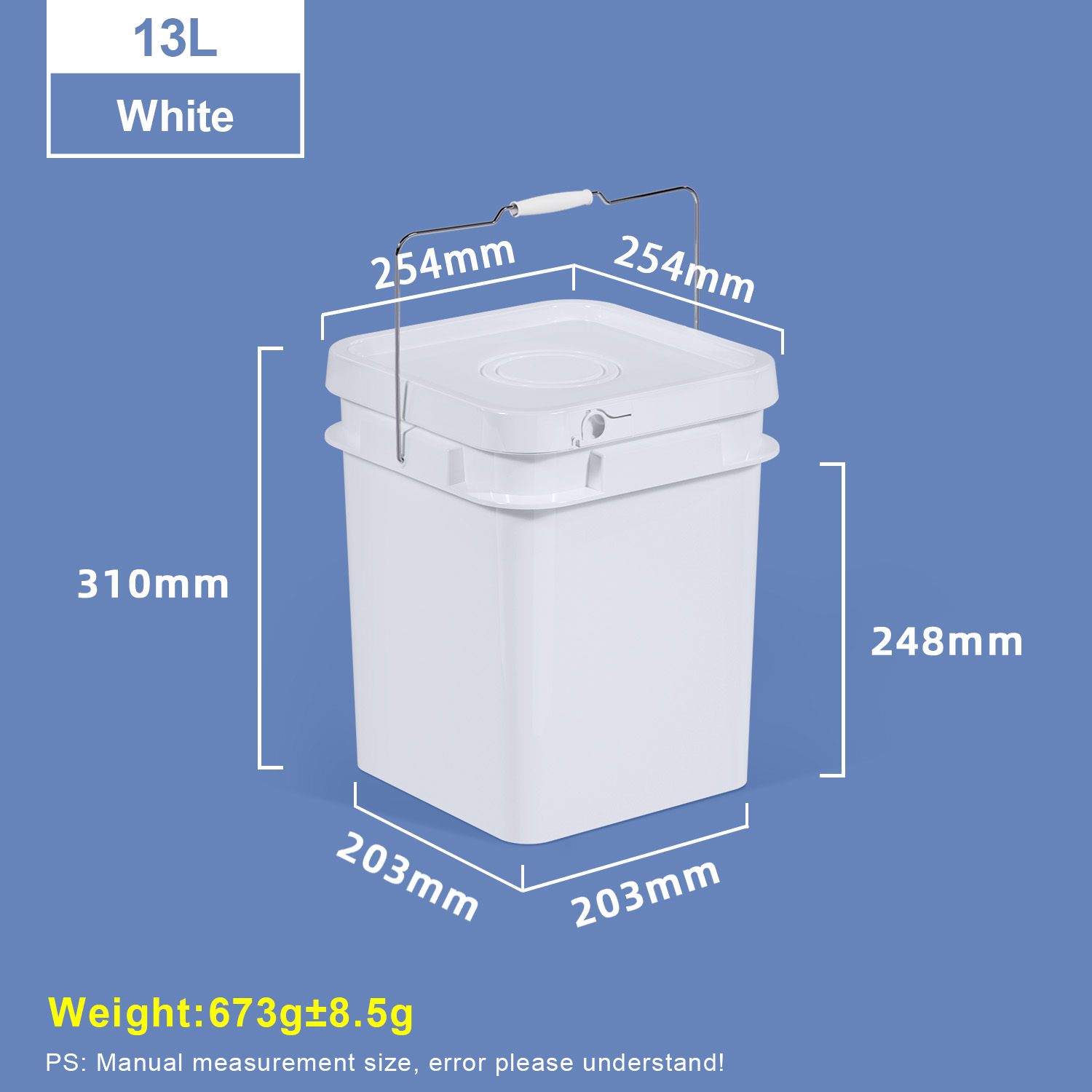 13L White Square Plastic Bucket with Metal Handle