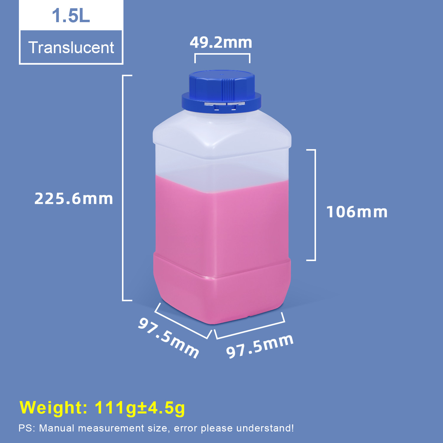 1500ml Translucent Wide Neck Square Plastic Bottles with Blue Cap