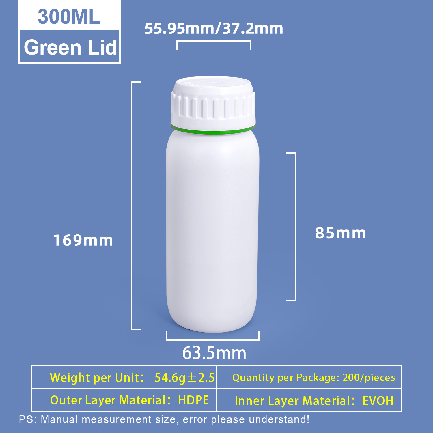 300ml White Plastic Coex Bottle with Green Colored Ring Around Cap