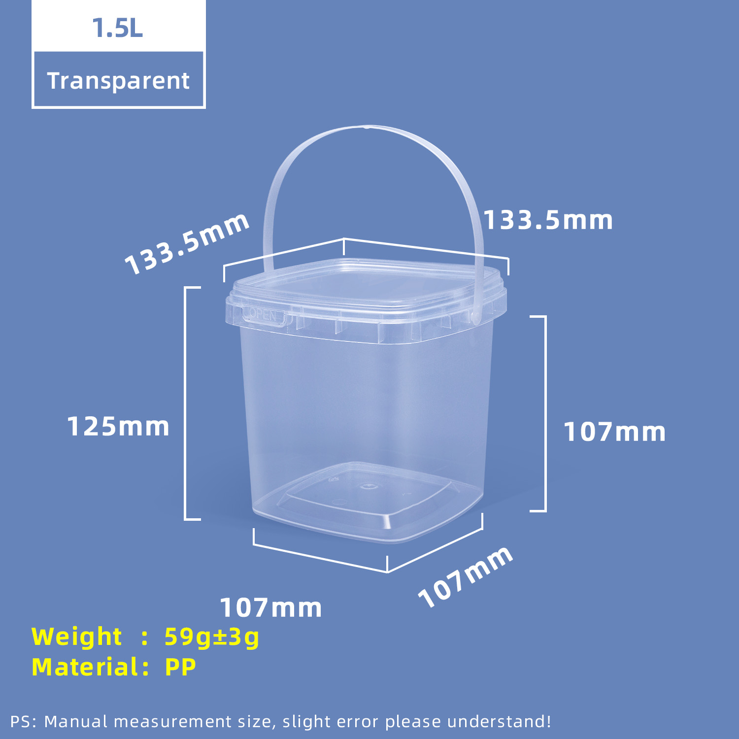 1.5L Square Food Grade PP Plastic Storage Bucket
