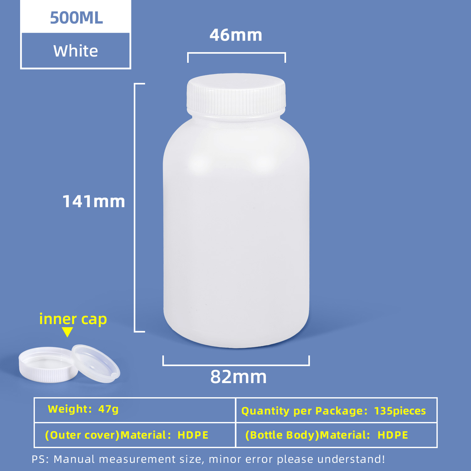 500ml HDPE Wide Mouth Plastic Bottle with Inner Cap Leakproof for Chemical Lab Use
