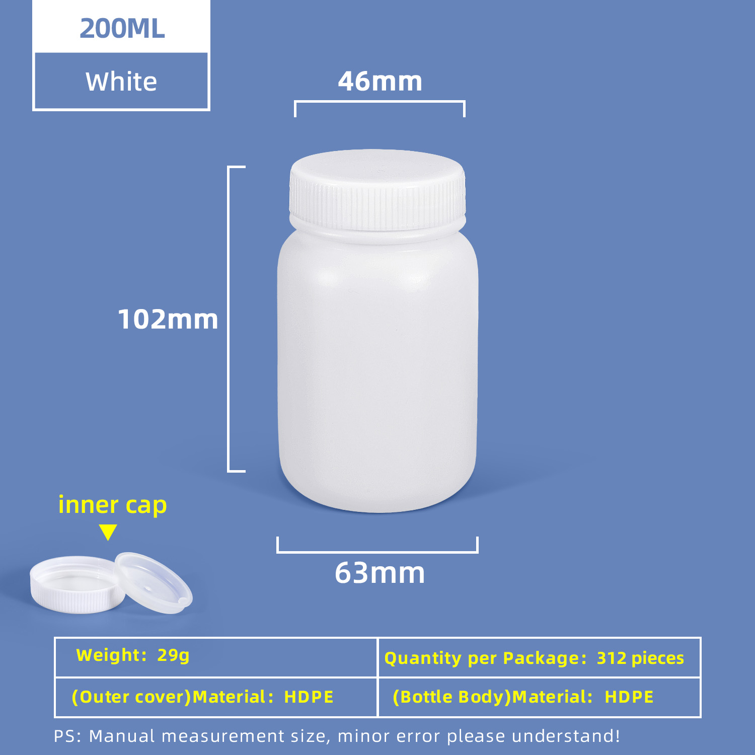 200ml HDPE Wide Mouth Plastic Bottle with Inner Cap Leakproof for Chemical Lab Use