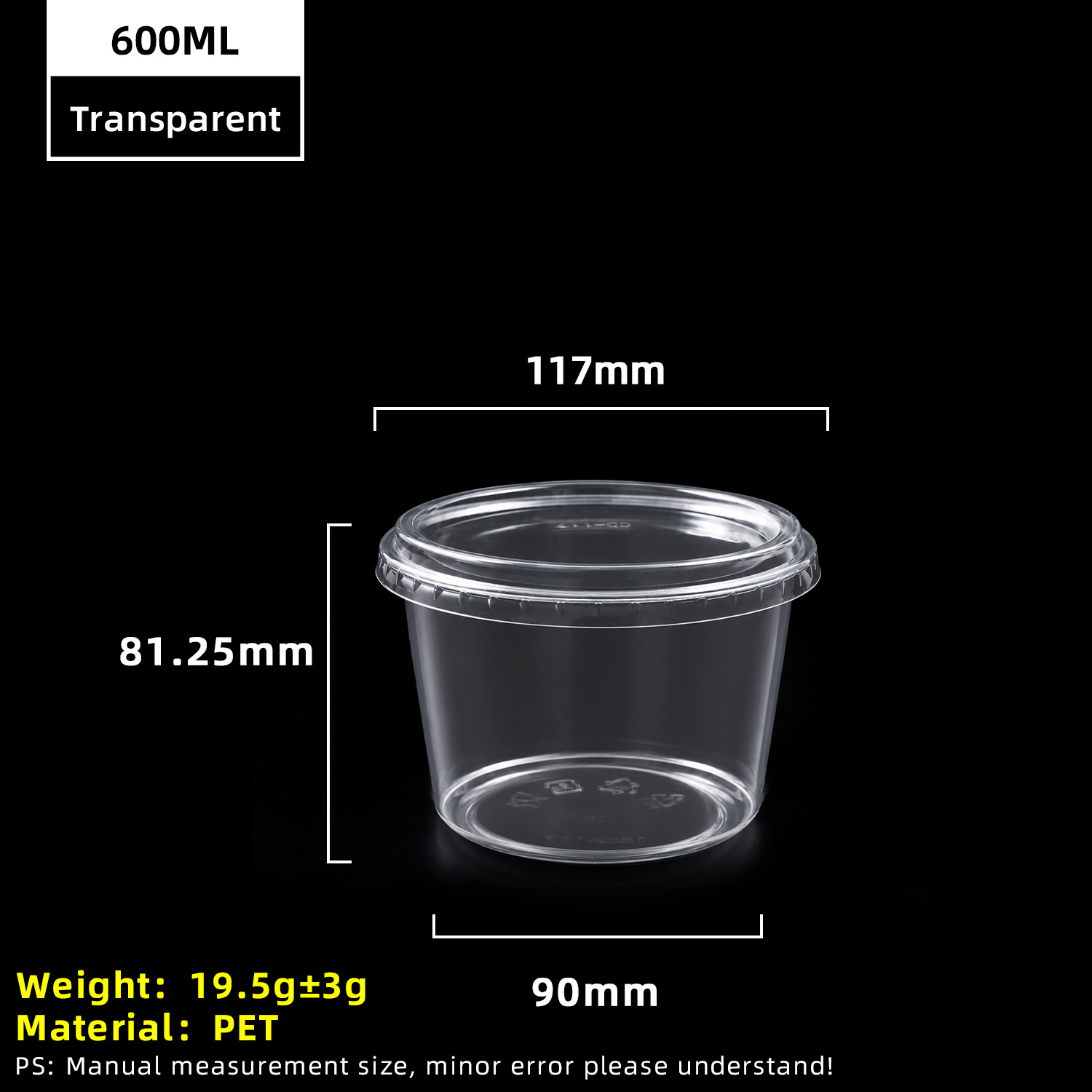 16oz 600ml Clear PET Plastic Cup