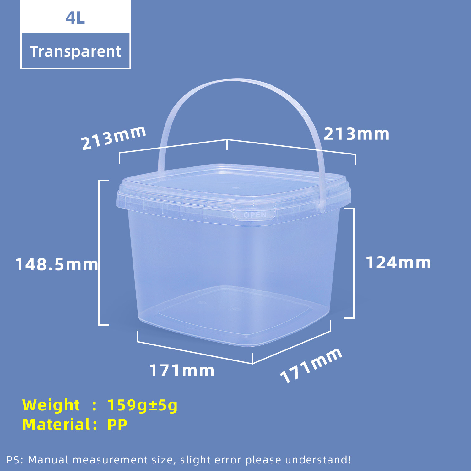4L Square Food Grade PP Plastic Storage Bucket