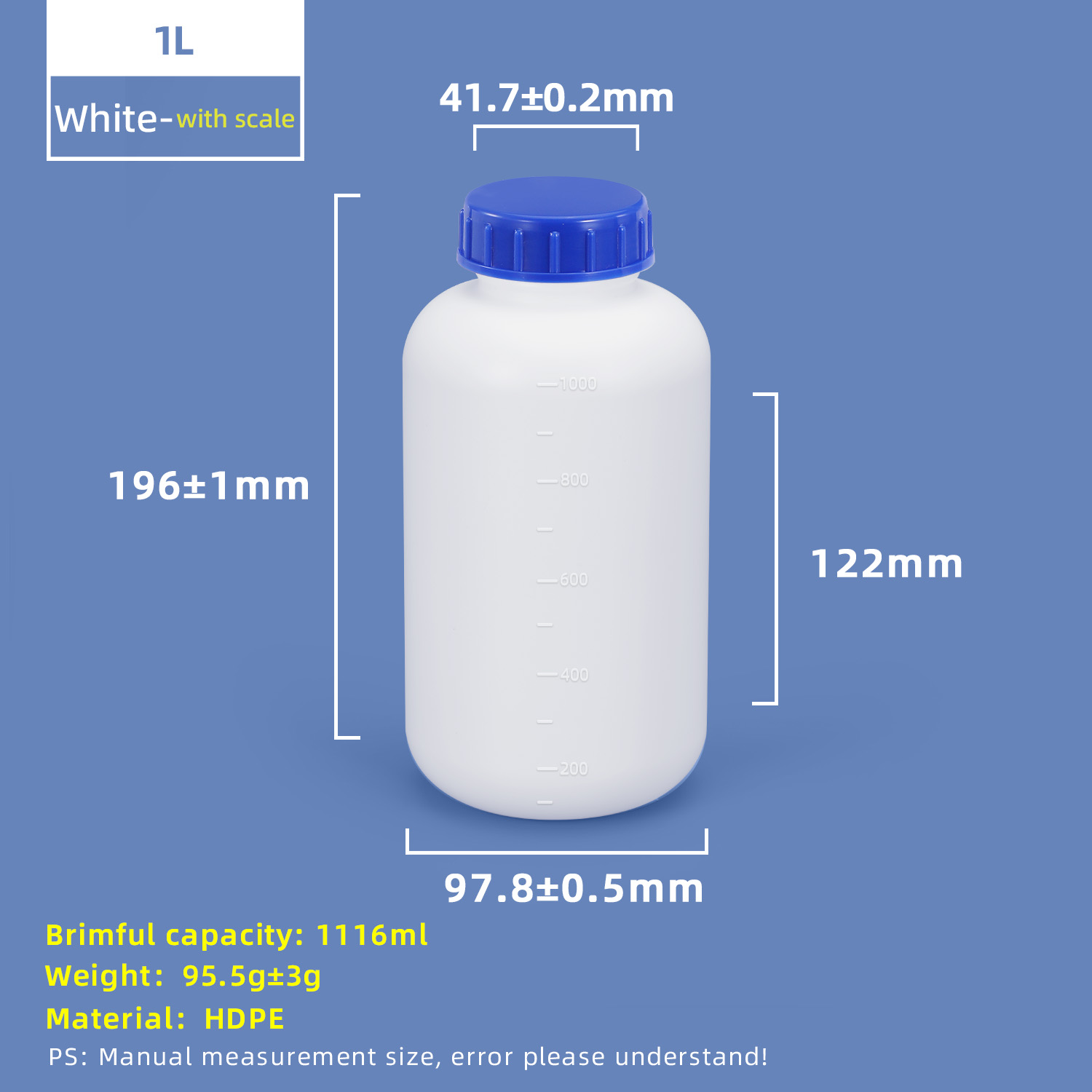 1L HDPE Wide Mouth Plastic Bottle with Scale Line and Inner Cap