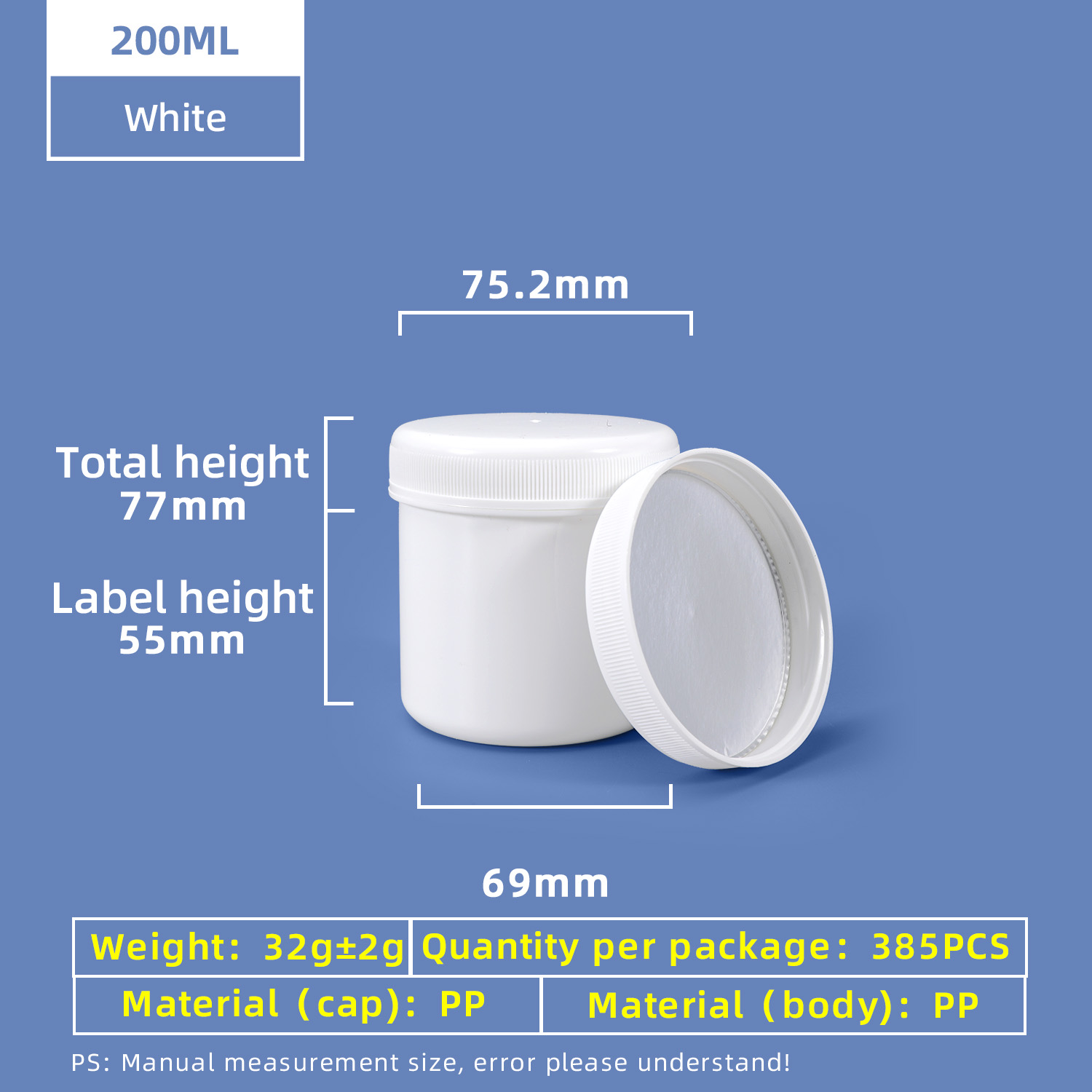 200ml PP Wide Mouth Screw Plastic Jar with aluminum foil gasket Cap