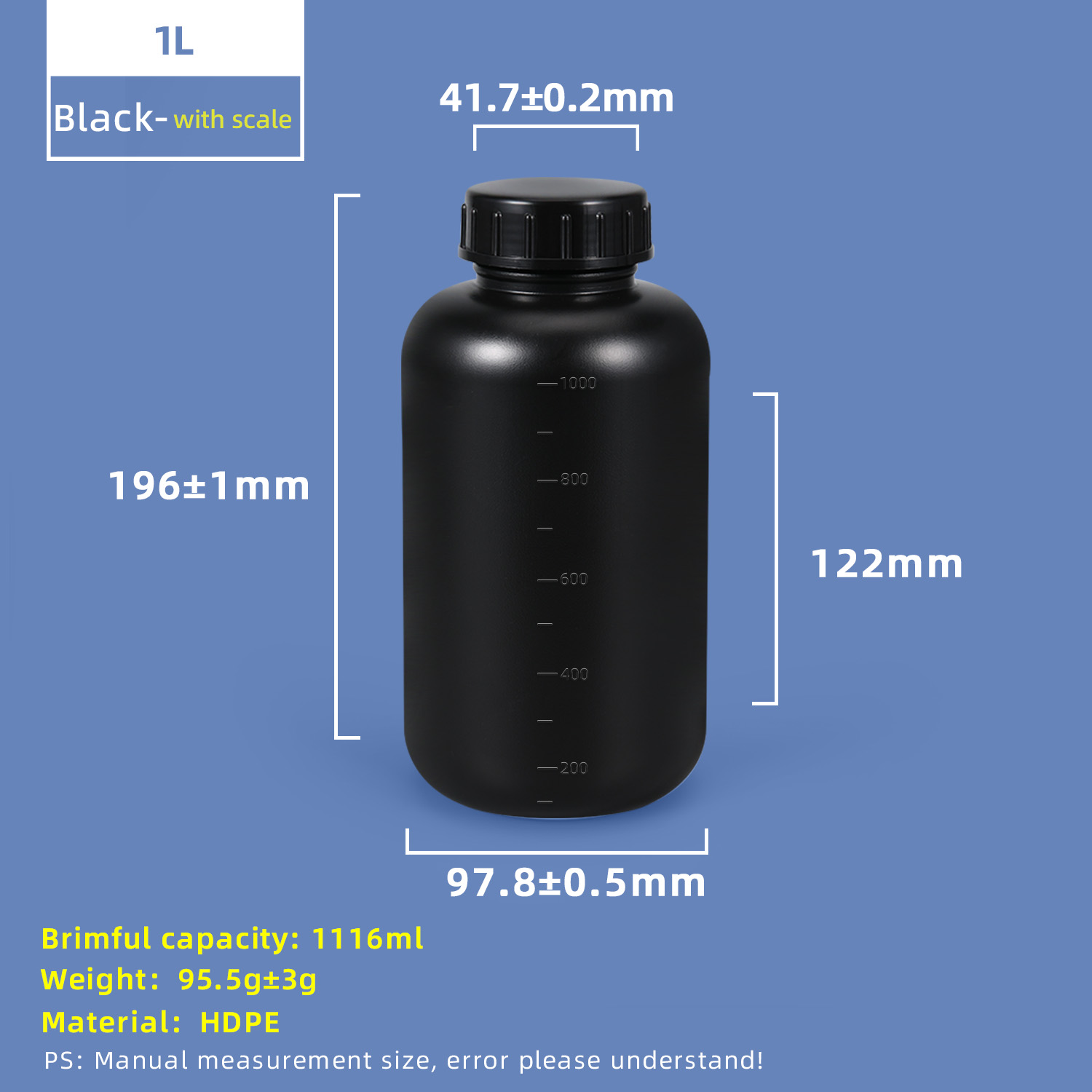 1L HDPE Wide Mouth Plastic Bottle with Scale Line and Inner Cap