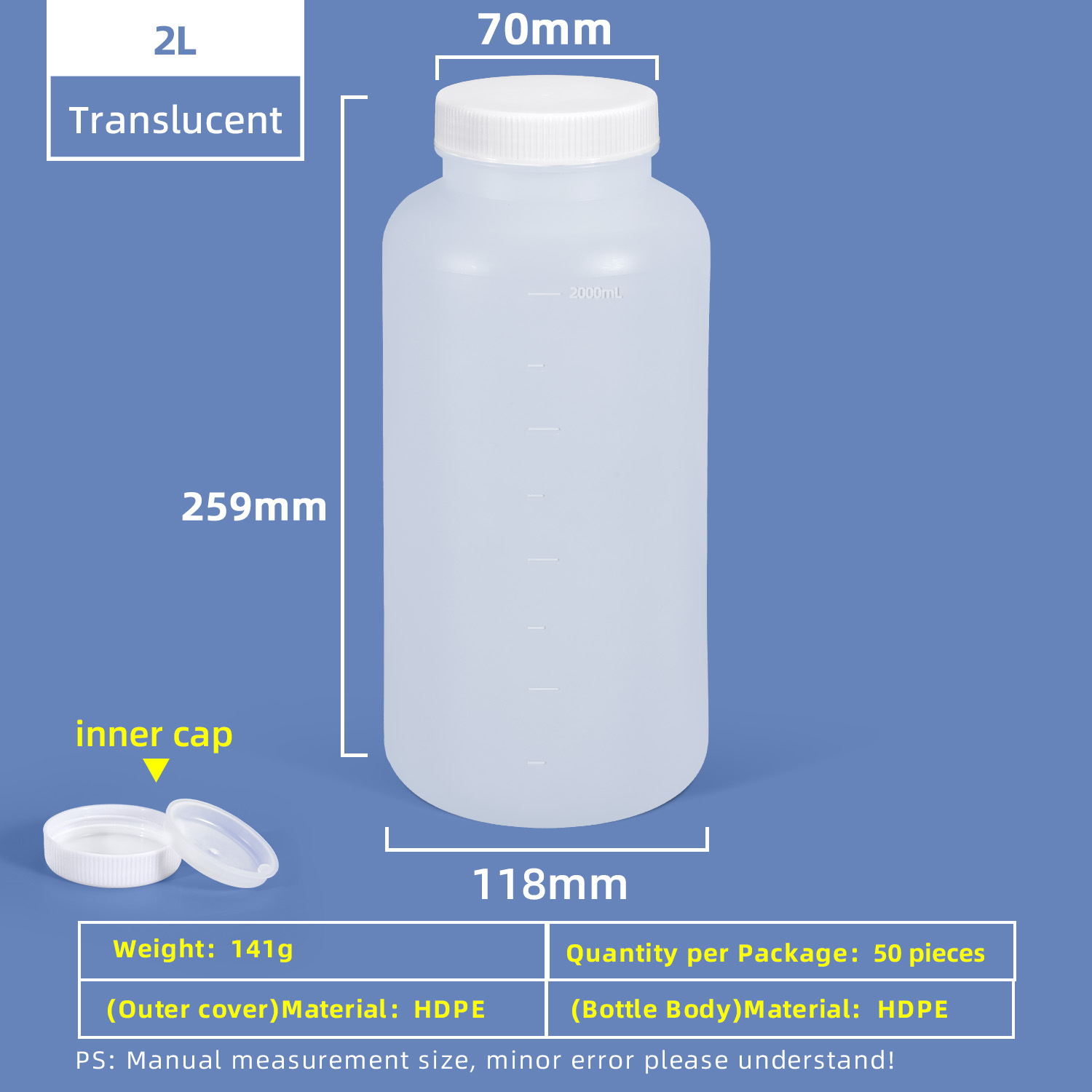 2L HDPE Wide Mouth Plastic Bottle with Inner Cap Leakproof for Chemical Lab Use