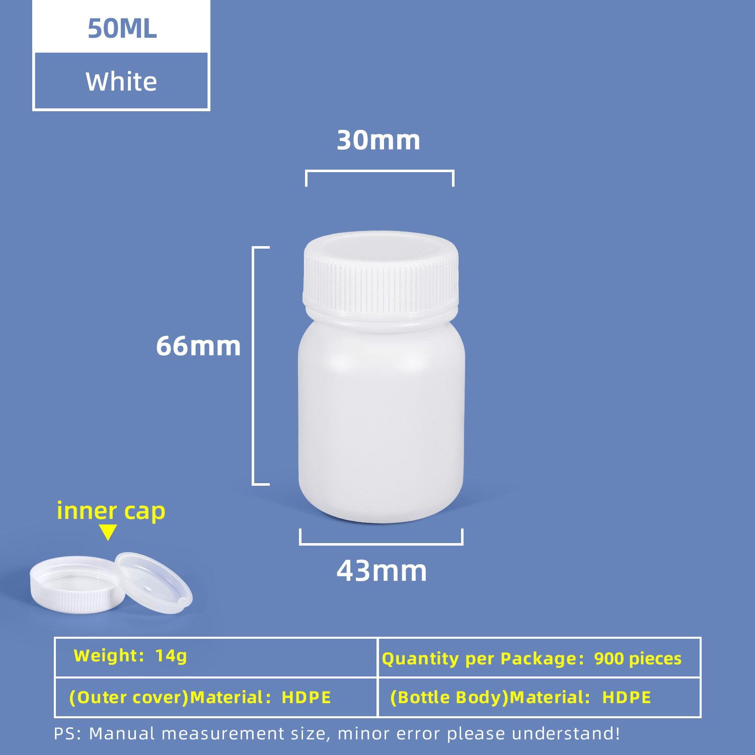 50ml HDPE Wide Mouth Plastic Bottle with Inner Cap Leakproof for Chemical Lab Use