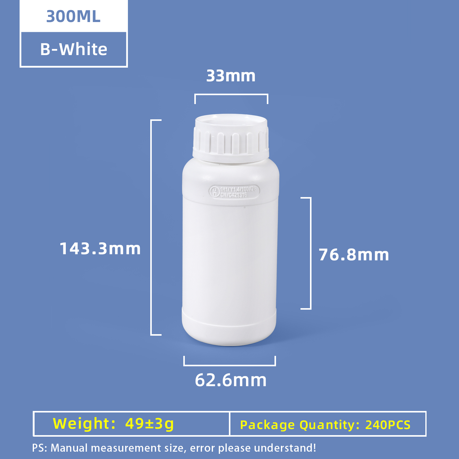 300ML Chemical Safe Fluorinated Plastic HDPE&PTFE Bottle 