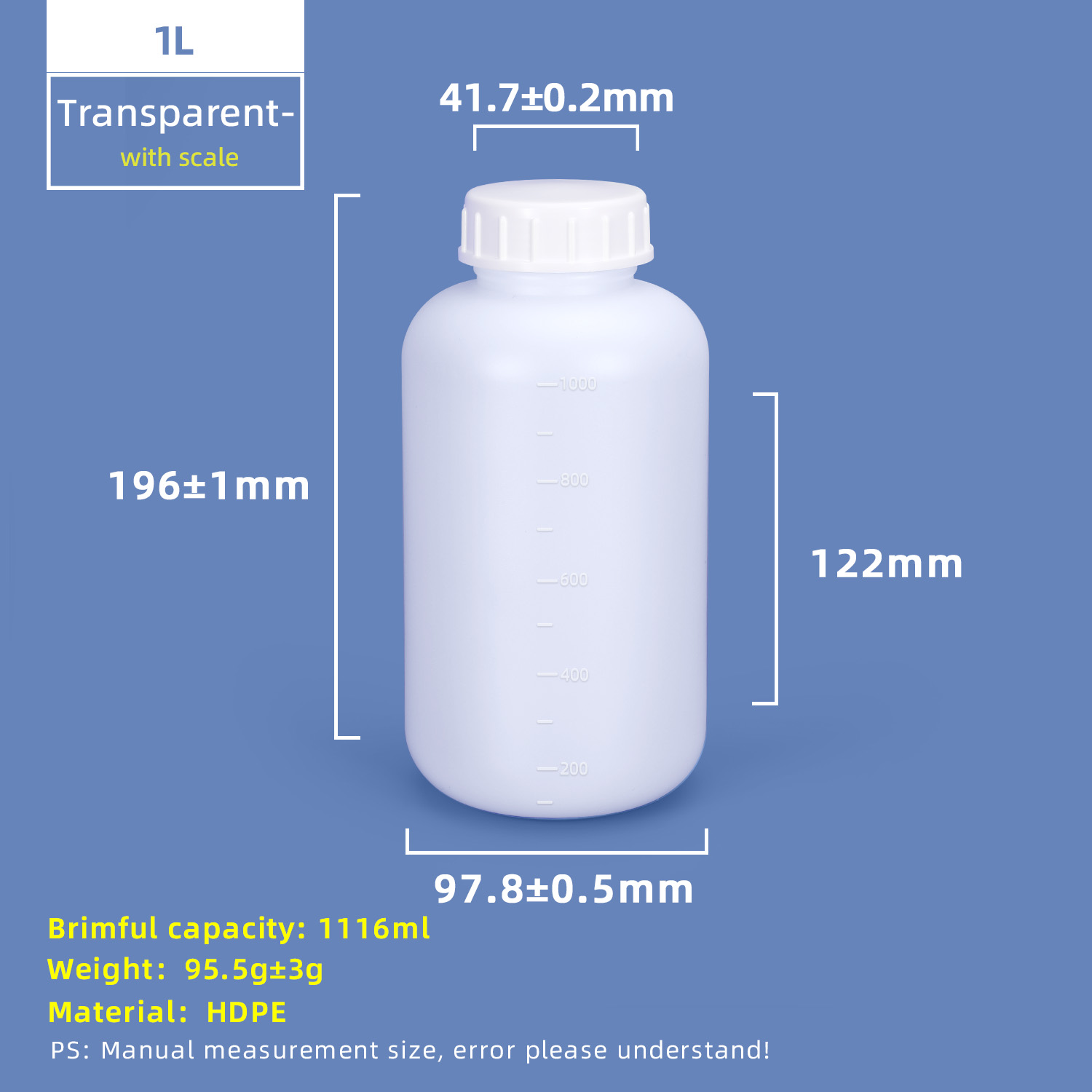 1L HDPE Wide Mouth Plastic Bottle with Scale Line and Inner Cap
