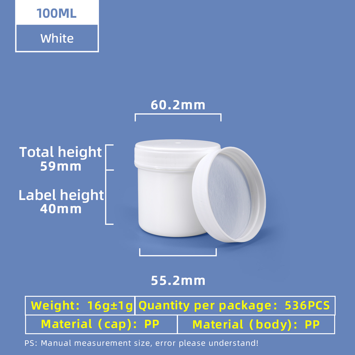 100ml PP Wide Mouth Screw Plastic Jar with aluminum foil gasket Cap