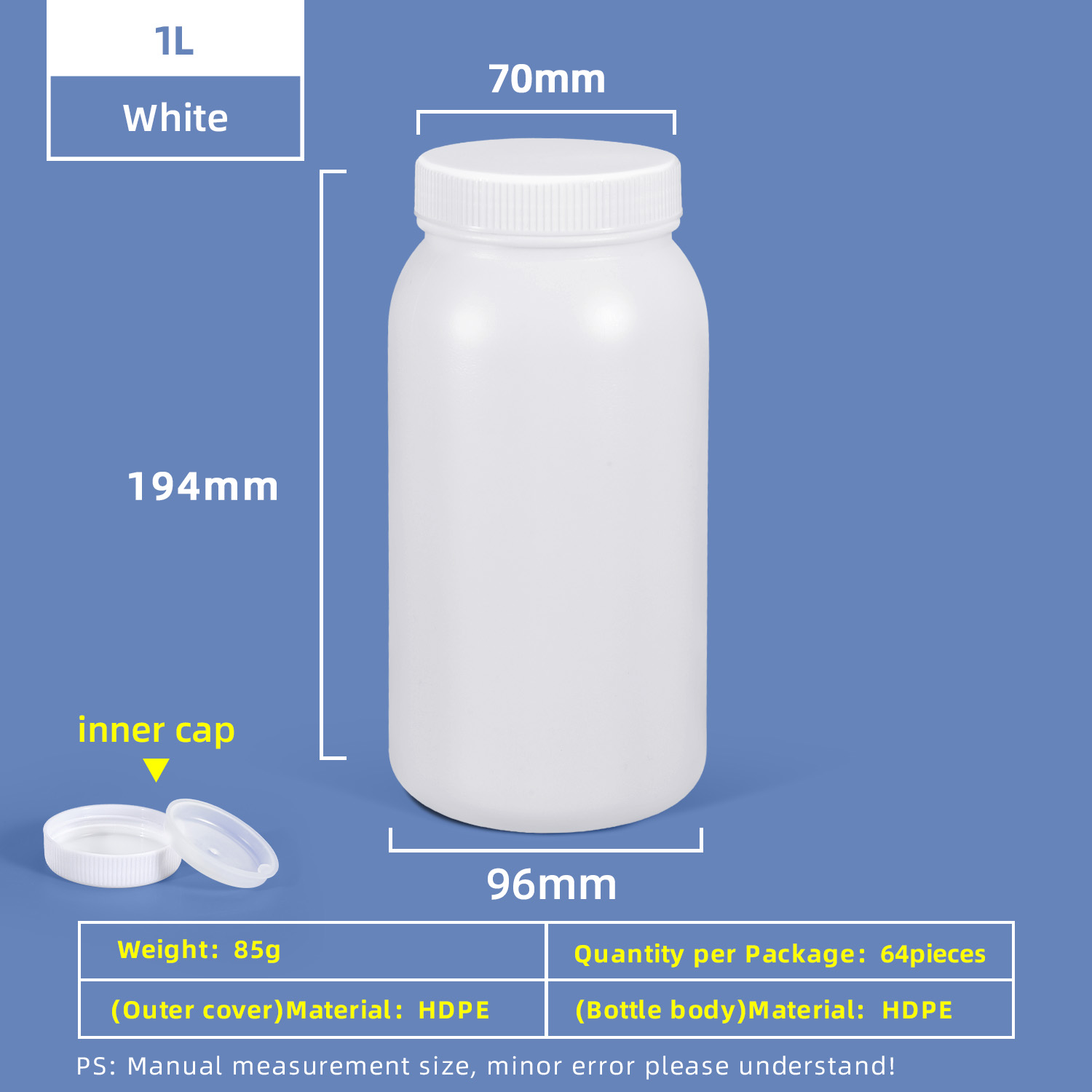 1L HDPE Wide Mouth Plastic Bottle with Inner Cap Leakproof for Chemical Lab Use