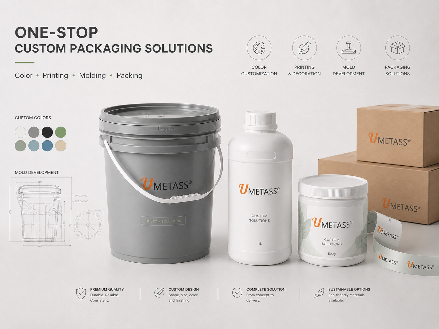 One-stop plastic packaging solutions with PP buckets, HDPE bottles and automated molding production