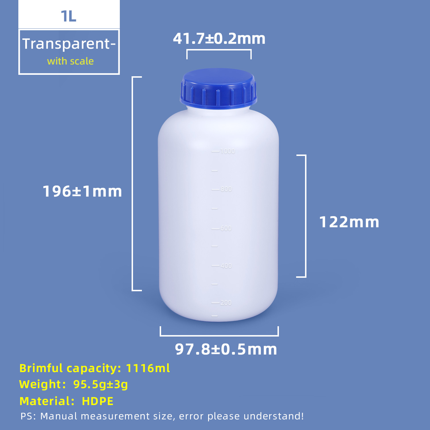 1L HDPE Wide Mouth Plastic Bottle with Scale Line and Inner Cap