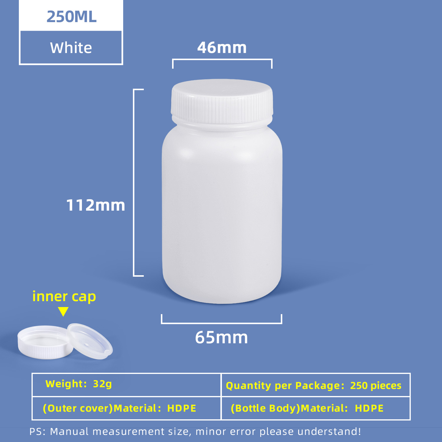 250ml HDPE Wide Mouth Plastic Bottle with Inner Cap Leakproof for Chemical Lab Use